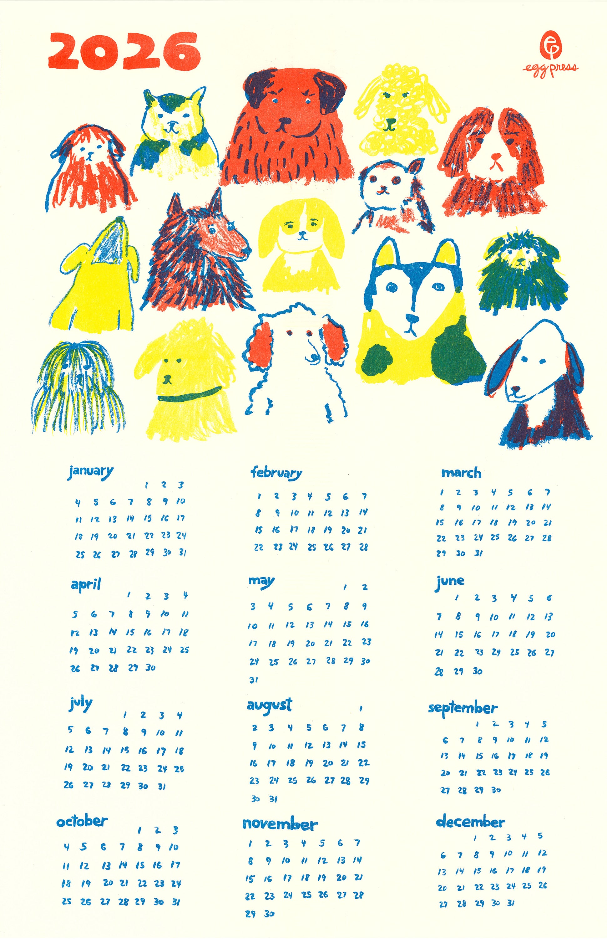 Dogs 2026 Calendar Illustrated Risograph Print