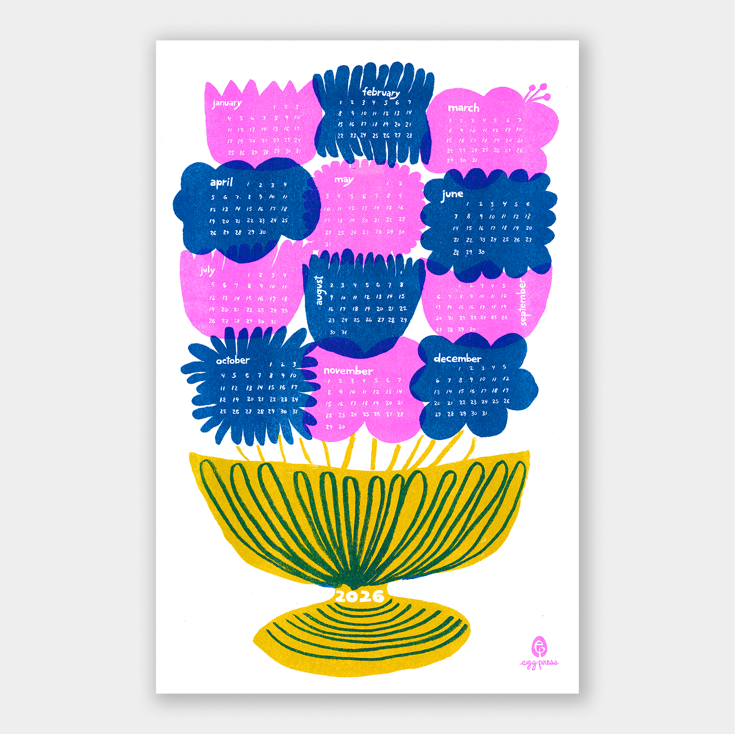 Flower Bouquet 2026 Calendar Illustrated Risograph Print