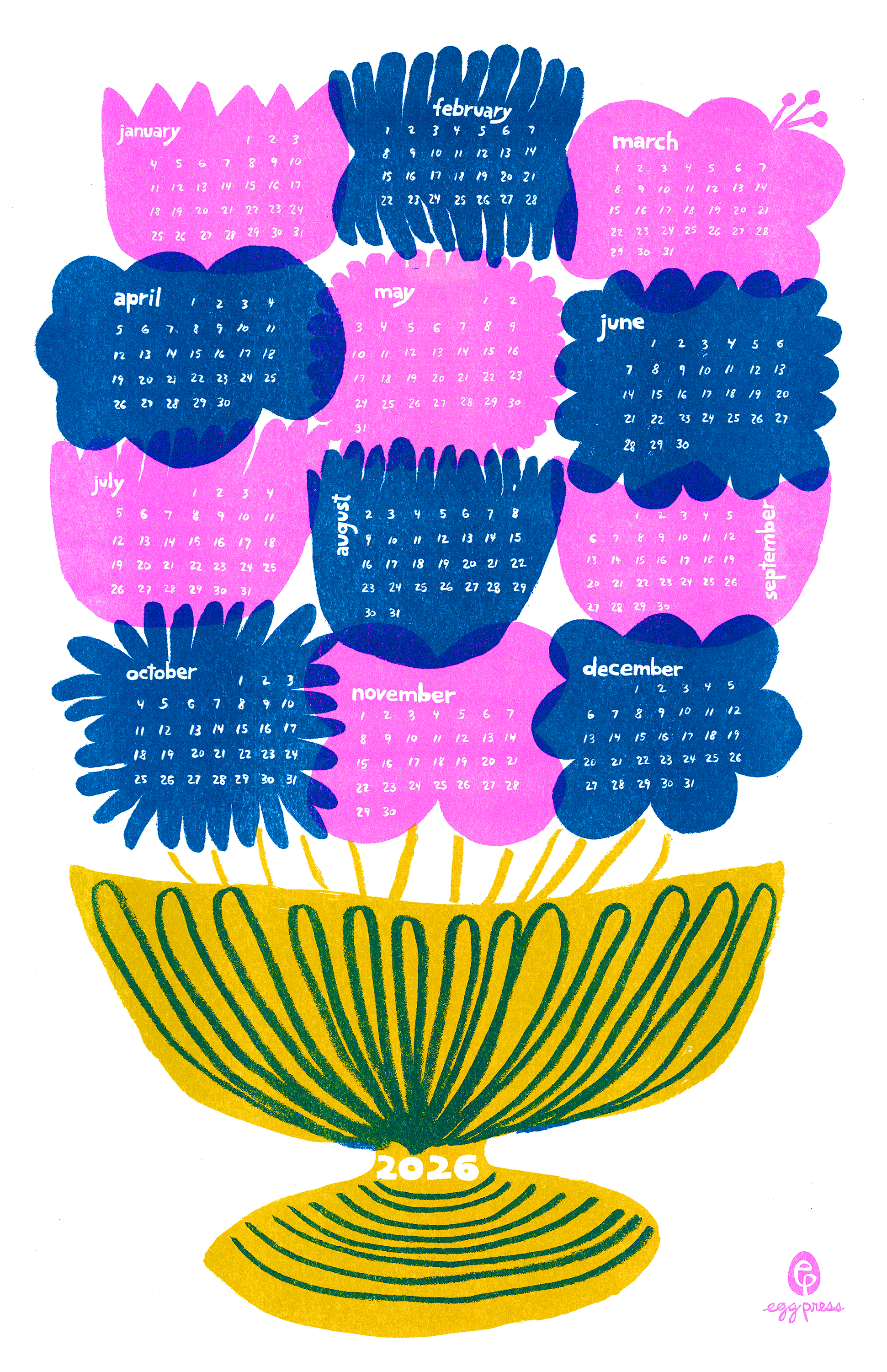 Flower Bouquet 2026 Calendar Illustrated Risograph Print