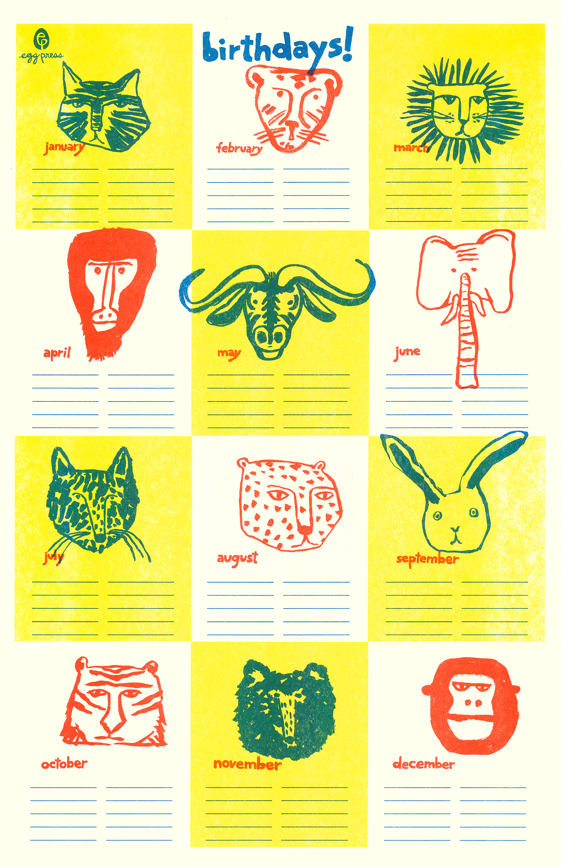 Animal Faces Birthday Calendar Tracker Risograph Print
