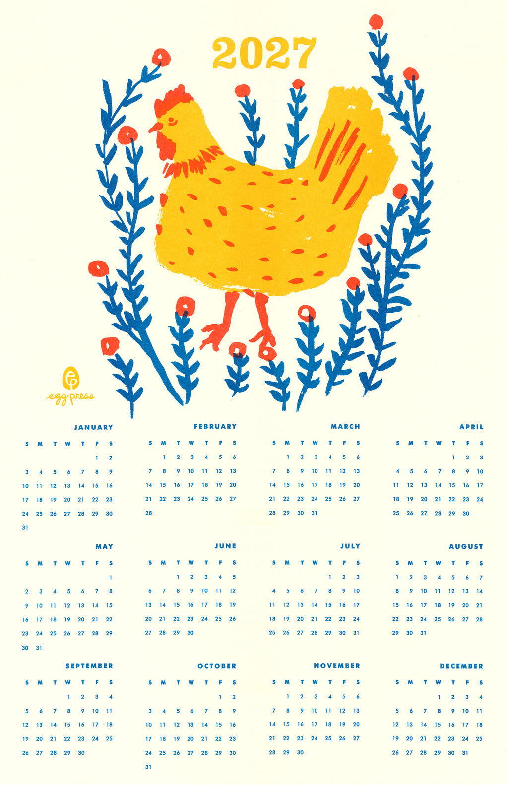Chicken 2027 Calendar Illustrated Risograph Print