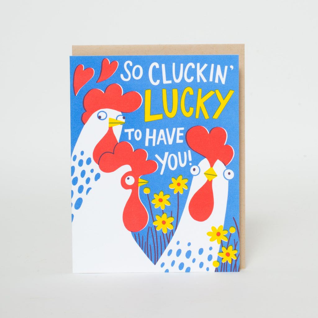 Cluckin' Lucky Punny Chicken Love Letterpress Greeting Card